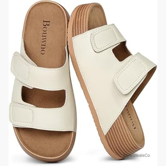 Genuine Suede Platform Sandals Adjustable Straps Memory Foam Insole Beach Slides